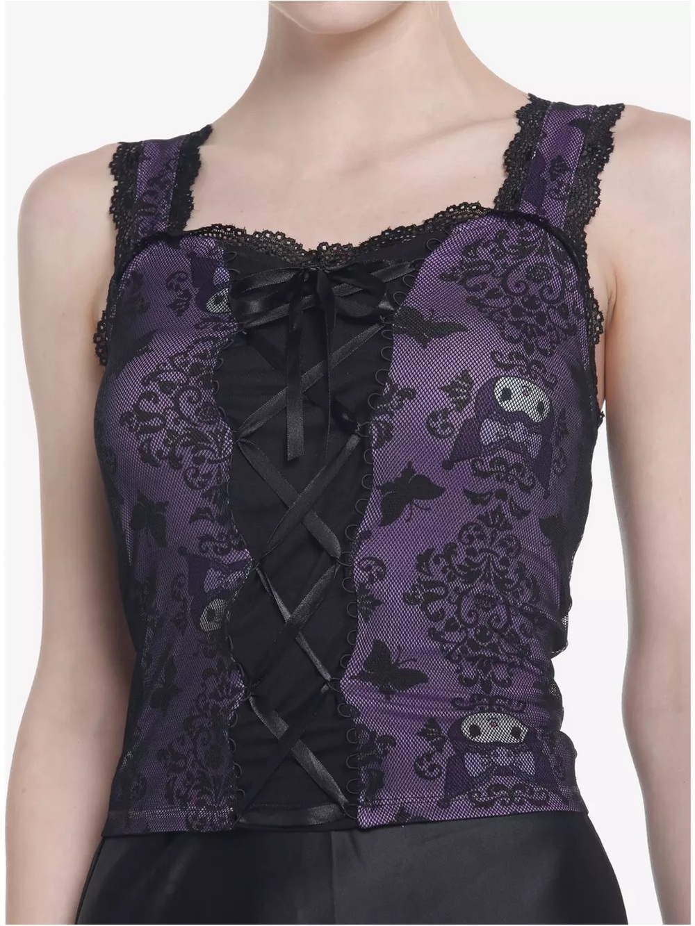 Hot Topic Kuromi Purple & Black Sheer Mesh Damask Lace-Up Bustier Corset, SM